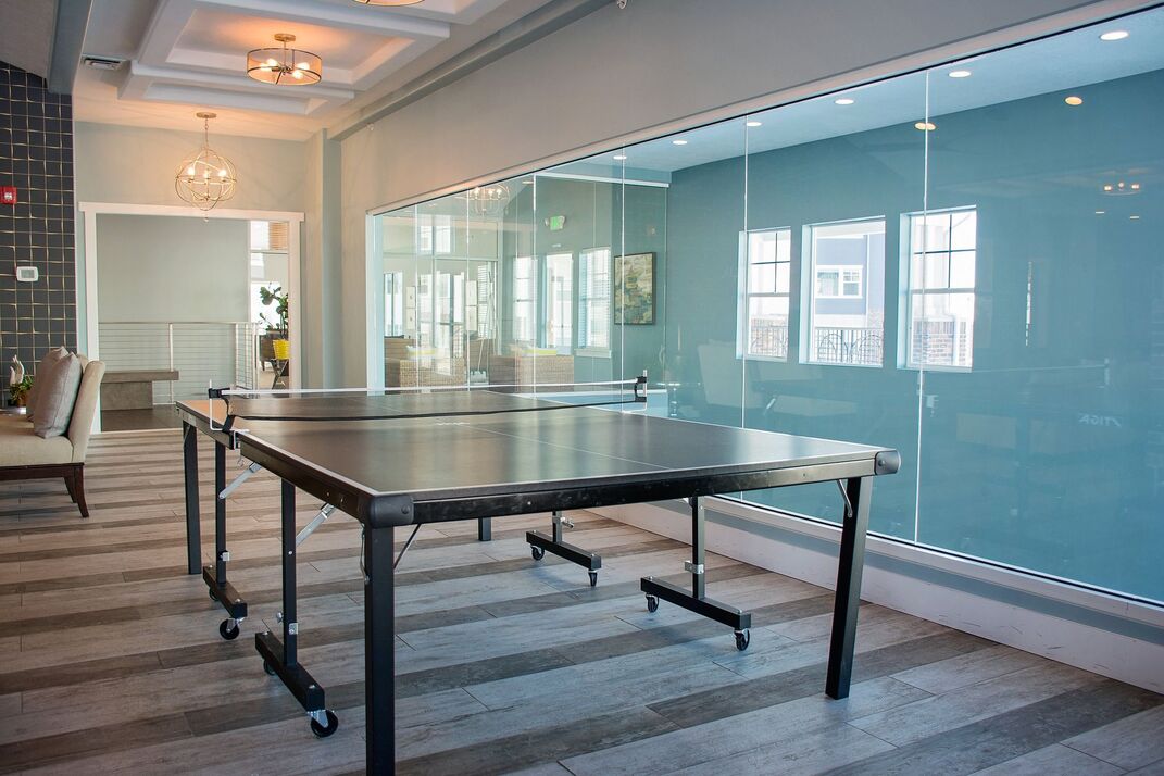room with table tennis and a glass walls